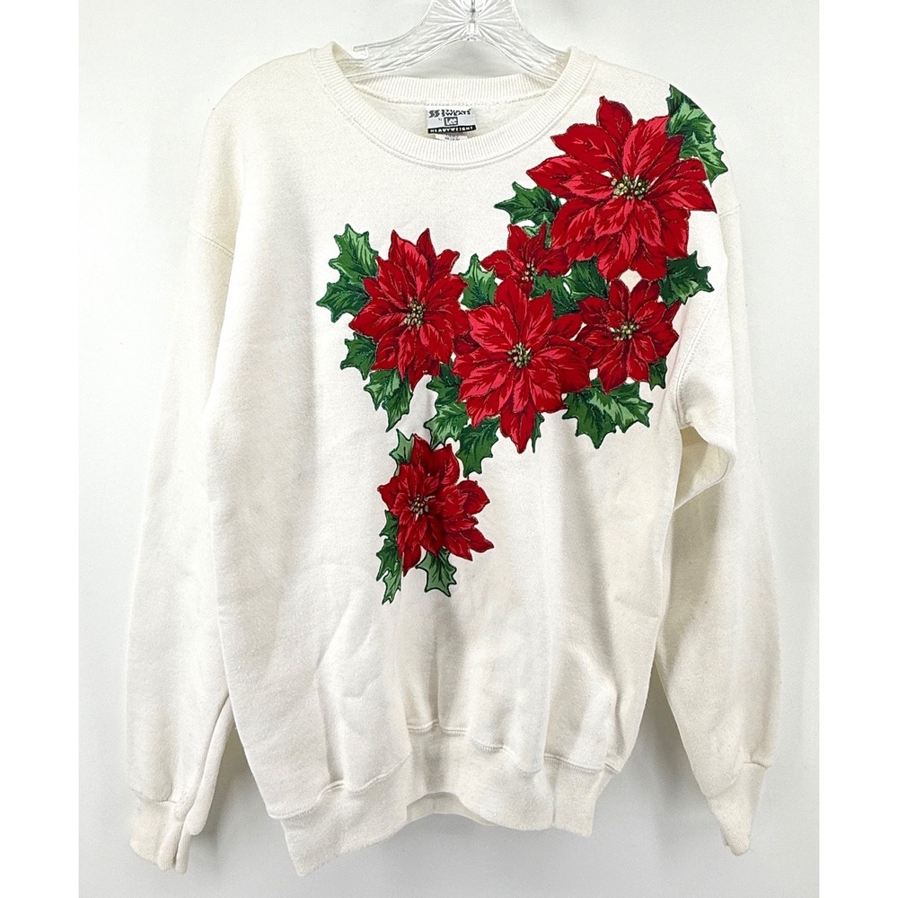 Vintage Lee Sturdy Sweats Poinsettia Christmas Sweatshirt Med USA Made Festive